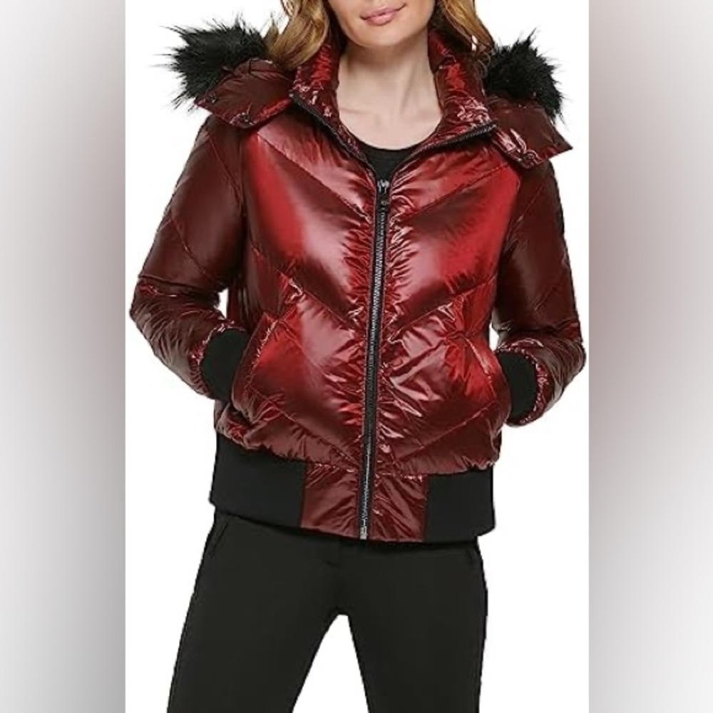 Karl Lagerfeld Paris Red Black Down Jacket Women’s Small Faux Fur Hood